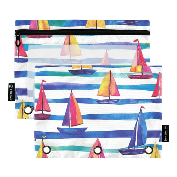 FORMRS 2 Pack Pencil Pouch for 3 Ring Binder with Clear Window Zipper Case, Blue Hand Drawn Sailboats