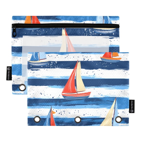 FORMRS 2 Pack Pencil Pouch for 3 Ring Binder with Clear Window Zipper Case, Blue Sailboats
