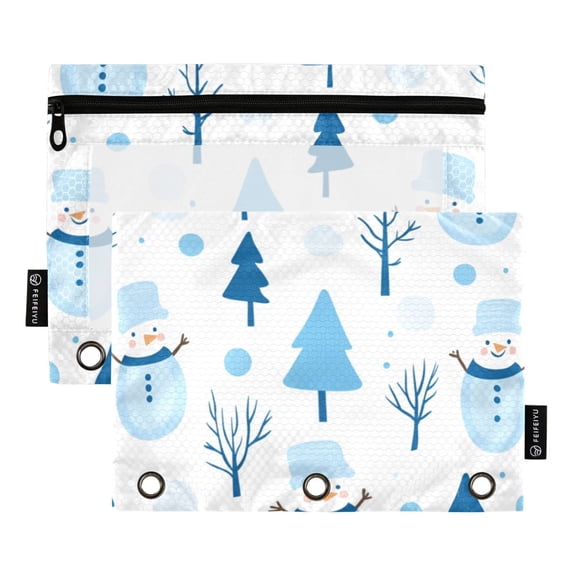 FORMRS 2 Pack Pencil Pouch for 3 Ring Binder with Clear Window Zipper Case, Blue Simple Cartoon Snowmen