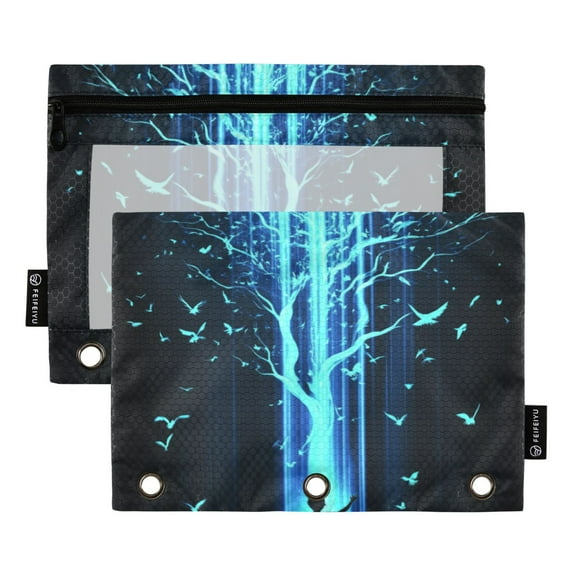 FORMRS 2 Pack Pencil Pouch for 3 Ring Binder with Clear Window Zipper Case, Blue Tree