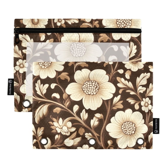 FORMRS 2 Pack Pencil Pouch for 3 Ring Binder with Clear Window Zipper Case, Brown Floral