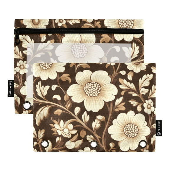 FORMRS 2 Pack Pencil Pouch for 3 Ring Binder with Clear Window Zipper Case, Brown Floral