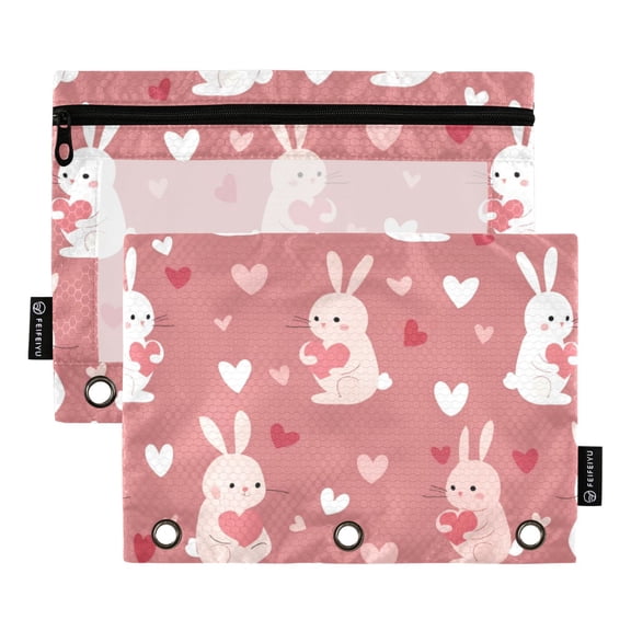 FORMRS 2 Pack Pencil Pouch for 3 Ring Binder with Clear Window Zipper Case, Bunny Love Blooms