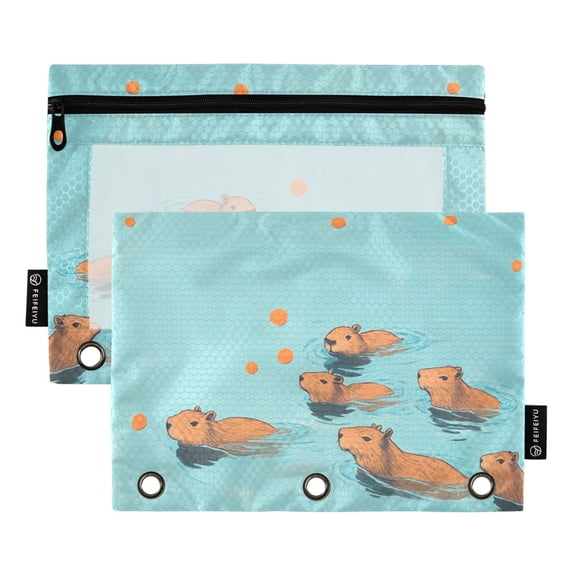 FORMRS 2 Pack Pencil Pouch for 3 Ring Binder with Clear Window Zipper Case, Capybara Splash