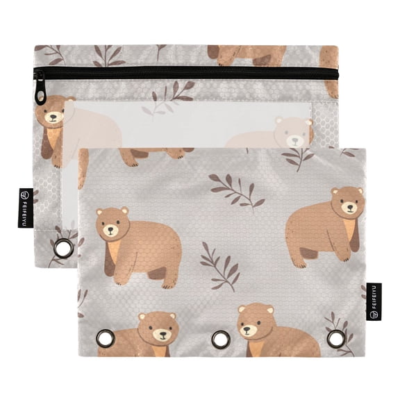 FORMRS 2 Pack Pencil Pouch for 3 Ring Binder with Clear Window Zipper Case, Cartoon Bear