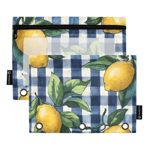 FORMRS 2 Pack Pencil Pouch for 3 Ring Binder with Clear Window Zipper Case, Cartoon Beige Lemon