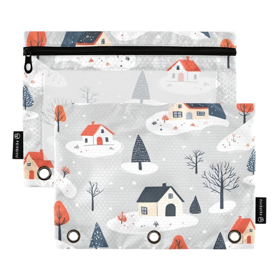 FORMRS 2 Pack Pencil Pouch for 3 Ring Binder with Clear Window Zipper Case, Cartoon Blue Houses