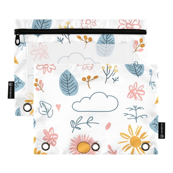 FORMRS 2 Pack Pencil Pouch for 3 Ring Binder with Clear Window Zipper Case, Cartoon Doodles