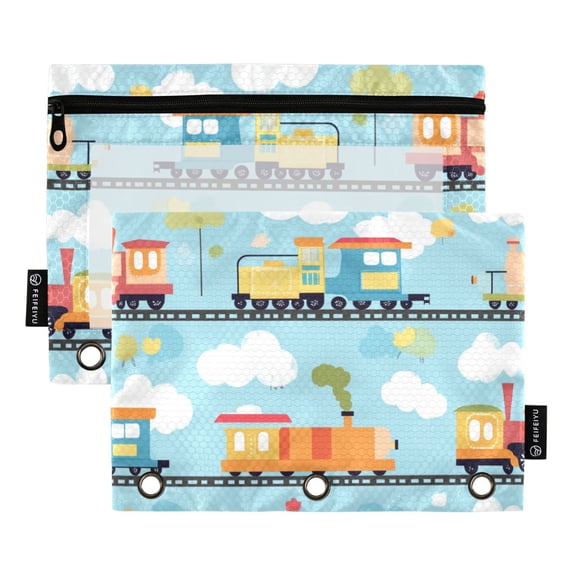 FORMRS 2 Pack Pencil Pouch for 3 Ring Binder with Clear Window Zipper Case, Cartoon Train Pattern