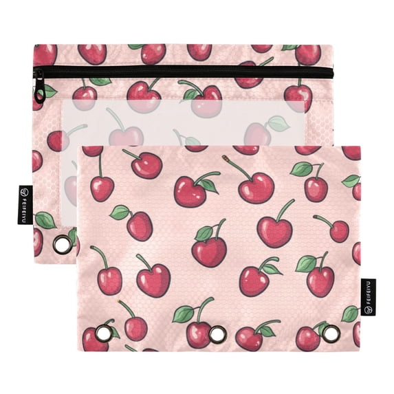 FORMRS 2 Pack Pencil Pouch for 3 Ring Binder with Clear Window Zipper Case, Cherries Pattern