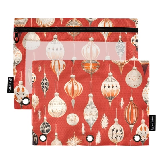 FORMRS 2 Pack Pencil Pouch for 3 Ring Binder with Clear Window Zipper Case, Christmas Ornaments Pattern