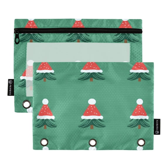 FORMRS 2 Pack Pencil Pouch for 3 Ring Binder with Clear Window Zipper Case, Christmas Trees