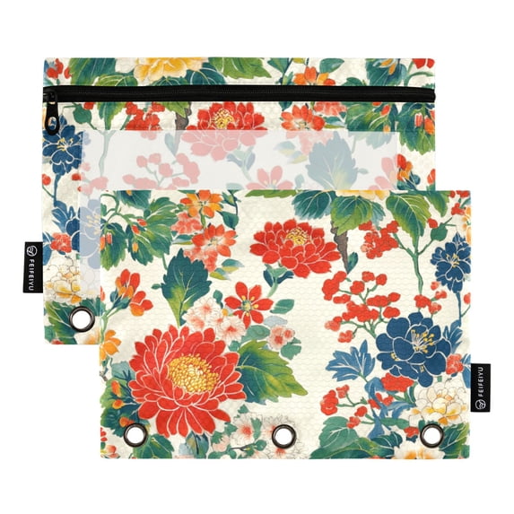 FORMRS 2 Pack Pencil Pouch for 3 Ring Binder with Clear Window Zipper Case, Colorful Flowers Pattern