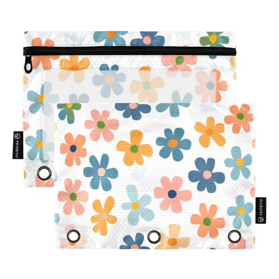 FORMRS 2 Pack Pencil Pouch for 3 Ring Binder with Clear Window Zipper Case, Colorful Flowers