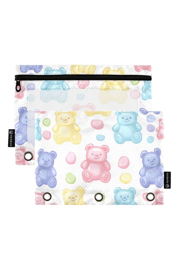 2 Pack Pencil Pouch for 3 Ring Binder with Clear Window Zipper Case, Colorful Gummy Bears Pattern