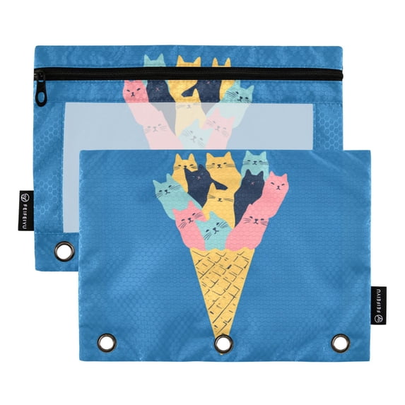 FORMRS 2 Pack Pencil Pouch for 3 Ring Binder with Clear Window Zipper Case, Colorful Ice Cream Cat