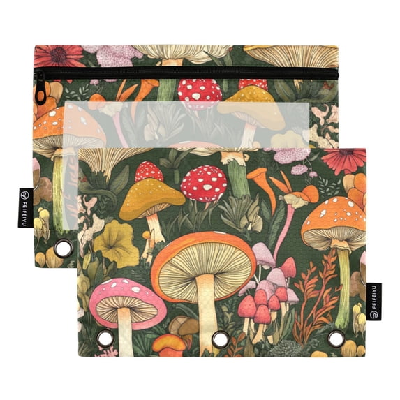 FORMRS 2 Pack Pencil Pouch for 3 Ring Binder with Clear Window Zipper Case, Colorful Mushroom