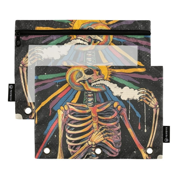 FORMRS 2 Pack Pencil Pouch for 3 Ring Binder with Clear Window Zipper Case, Colorful Skeleton Sun