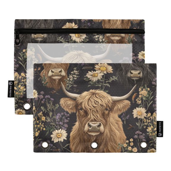 FORMRS 2 Pack Pencil Pouch for 3 Ring Binder with Clear Window Zipper Case, Cows and Flowers