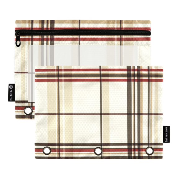 FORMRS 2 Pack Pencil Pouch for 3 Ring Binder with Clear Window Zipper Case, Cream Plaid