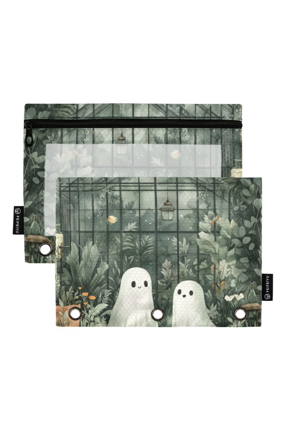 2 Pack Pencil Pouch for 3 Ring Binder with Clear Window Zipper Case, Cute Ghosts Playing