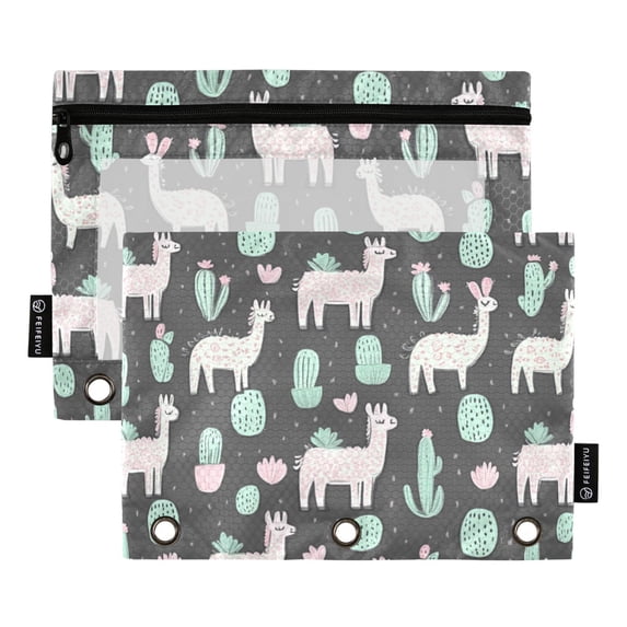 FORMRS 2 Pack Pencil Pouch for 3 Ring Binder with Clear Window Zipper Case, Cute Llamas Pattern
