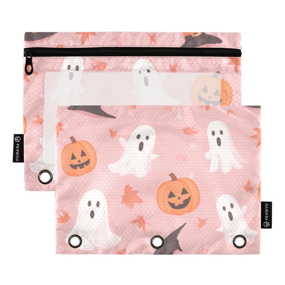 FORMRS 2 Pack Pencil Pouch for 3 Ring Binder with Clear Window Zipper Case, Cute Pink Halloween