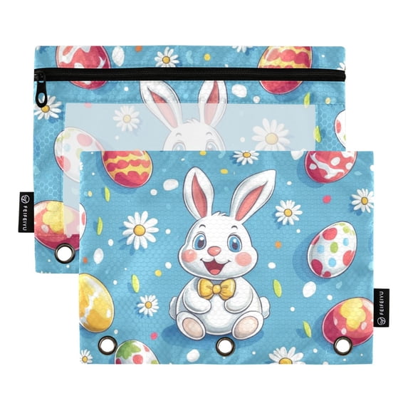 FORMRS 2 Pack Pencil Pouch for 3 Ring Binder with Clear Window Zipper Case, Easter Bunny Pattern