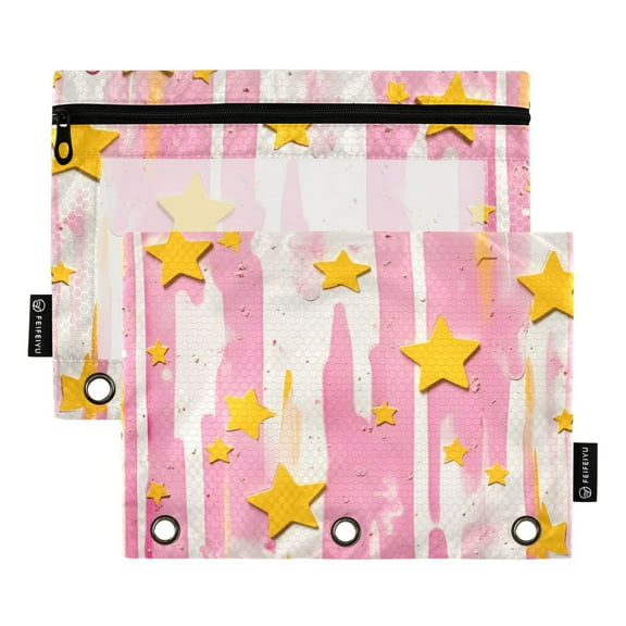 FORMRS 2 Pack Pencil Pouch for 3 Ring Binder with Clear Window Zipper Case, Flat Yellow Stars