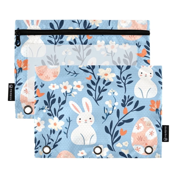 FORMRS 2 Pack Pencil Pouch for 3 Ring Binder with Clear Window Zipper Case, Floral Easter Rabbits