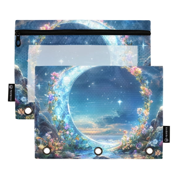 FORMRS 2 Pack Pencil Pouch for 3 Ring Binder with Clear Window Zipper Case, Floral Moon