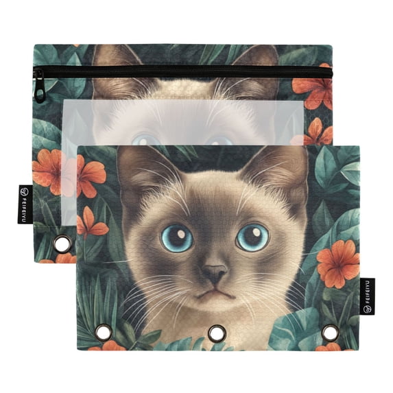 FORMRS 2 Pack Pencil Pouch for 3 Ring Binder with Clear Window Zipper Case, Flowers and Cat