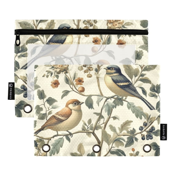FORMRS 2 Pack Pencil Pouch for 3 Ring Binder with Clear Window Zipper Case, Green Birds