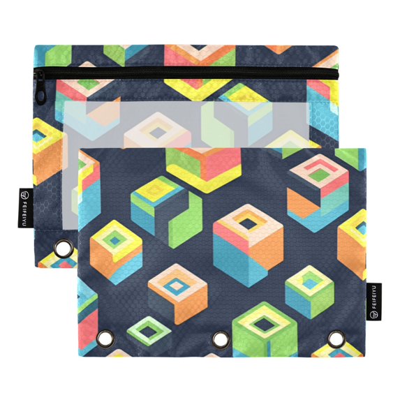 FORMRS 2 Pack Pencil Pouch for 3 Ring Binder with Clear Window Zipper Case, Green Cubes