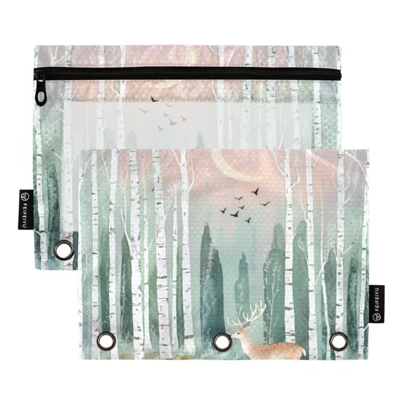 FORMRS 2 Pack Pencil Pouch for 3 Ring Binder with Clear Window Zipper Case, Green Deer