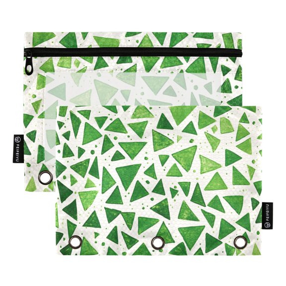 FORMRS 2 Pack Pencil Pouch for 3 Ring Binder with Clear Window Zipper Case, Green Dot Triangles Pattern