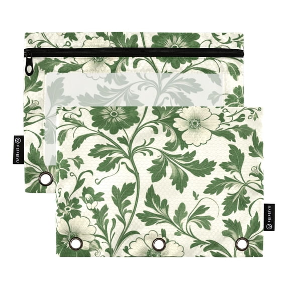FORMRS 2 Pack Pencil Pouch for 3 Ring Binder with Clear Window Zipper Case, Green Floral
