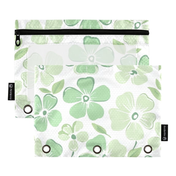 FORMRS 2 Pack Pencil Pouch for 3 Ring Binder with Clear Window Zipper Case, Green Floral