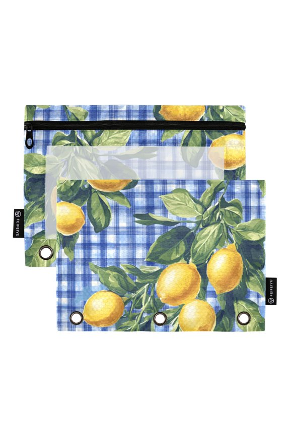 2 Pack Pencil Pouch for 3 Ring Binder with Clear Window Zipper Case, Green Lemon Plaid