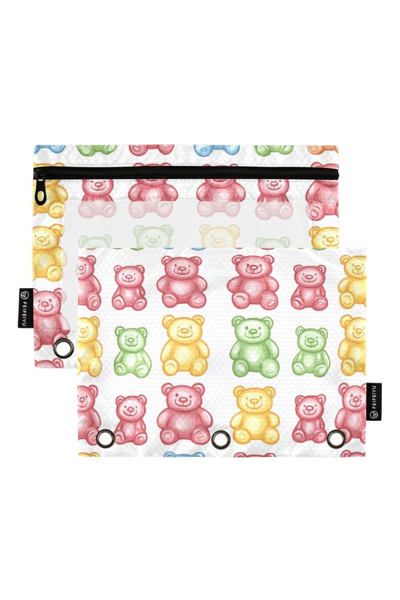 2 Pack Pencil Pouch for 3 Ring Binder with Clear Window Zipper Case, Gummy Bear Pattern