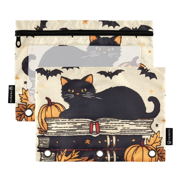 FORMRS 2 Pack Pencil Pouch for 3 Ring Binder with Clear Window Zipper Case, Halloween Cat
