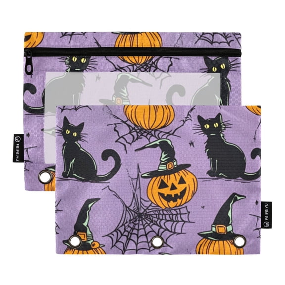 FORMRS 2 Pack Pencil Pouch for 3 Ring Binder with Clear Window Zipper Case, Halloween Pumpkin