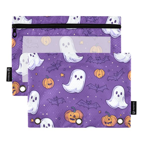 FORMRS 2 Pack Pencil Pouch for 3 Ring Binder with Clear Window Zipper Case, Halloween Purple Ghosts