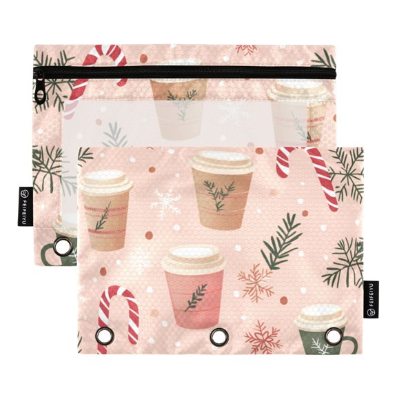 FORMRS 2 Pack Pencil Pouch for 3 Ring Binder with Clear Window Zipper Case, Hand Drawn Cups