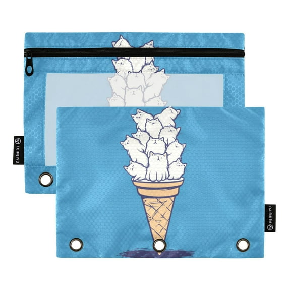 FORMRS 2 Pack Pencil Pouch for 3 Ring Binder with Clear Window Zipper Case, Ice Cream Cat