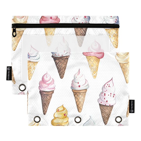 FORMRS 2 Pack Pencil Pouch for 3 Ring Binder with Clear Window Zipper Case, Ice Cream Pattern