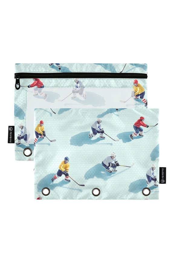 2 Pack Pencil Pouch for 3 Ring Binder with Clear Window Zipper Case, Ice Hockey