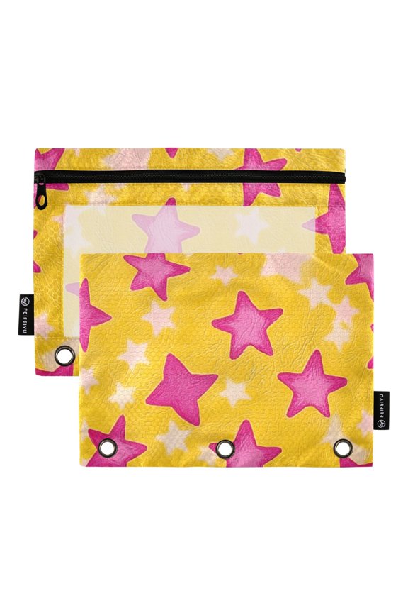 2 Pack Pencil Pouch for 3 Ring Binder with Clear Window Zipper Case, Large Pink Stars