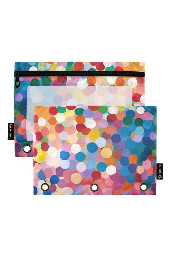 2 Pack Pencil Pouch for 3 Ring Binder with Clear Window Zipper Case, Light Colorful Circles