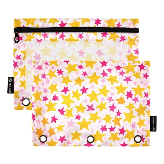 FORMRS 2 Pack Pencil Pouch for 3 Ring Binder with Clear Window Zipper Case, Light Pink Stars